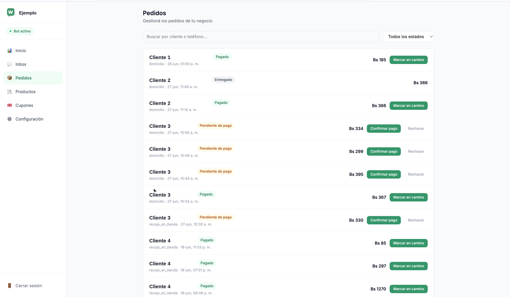 Panel de pedidos de Wazzell mostrando conversaciones y pedidos de WhatsApp gestionados automáticamente
